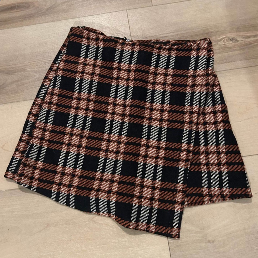French Kiss Asymmetrical Plaid Skort - Black, White, and Brown pattern.